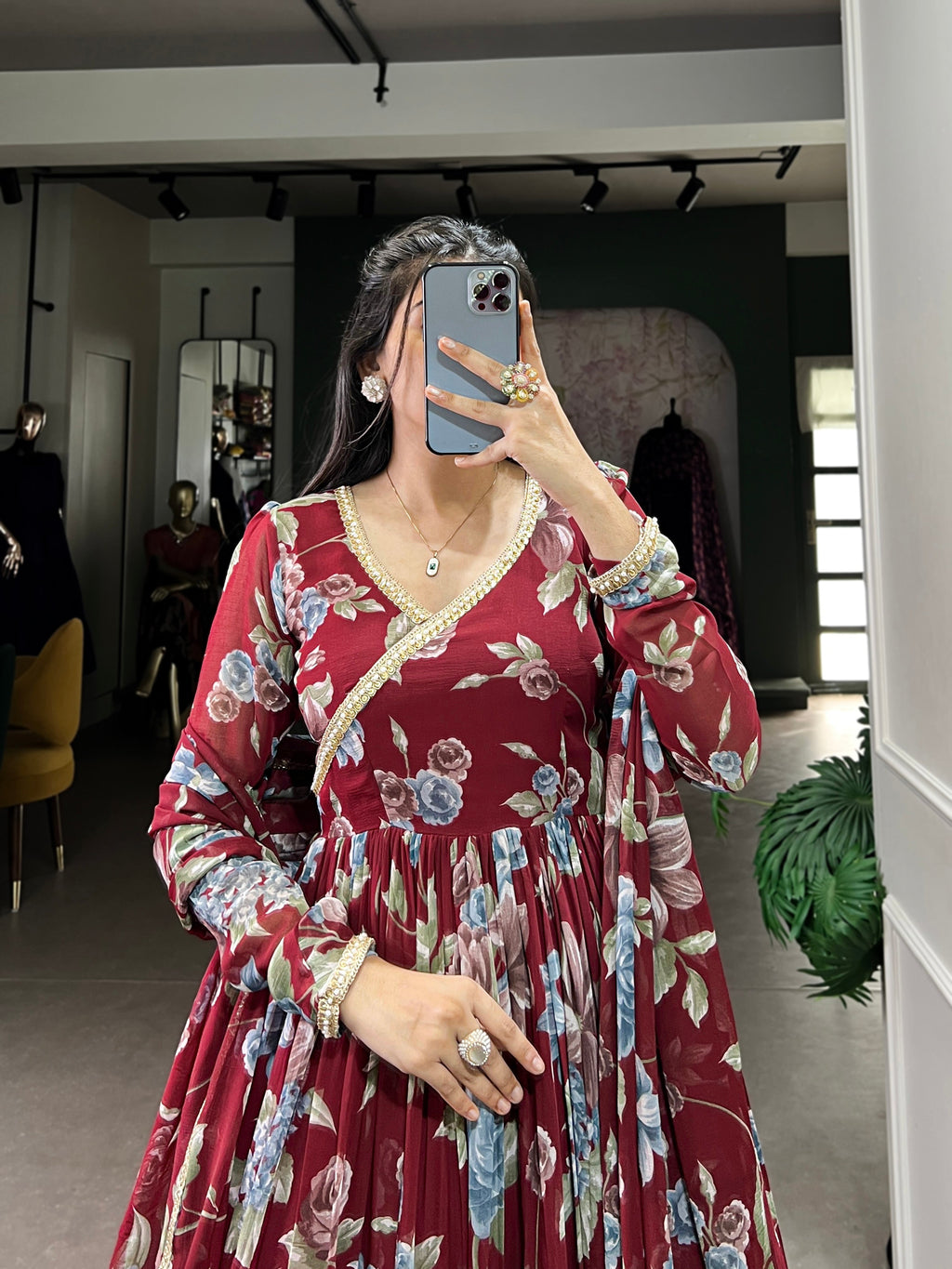 Lorenvalley Maroon Marbel Fabric Floral Print With Lace Touch Up Gown with Dupatta | Grocsy