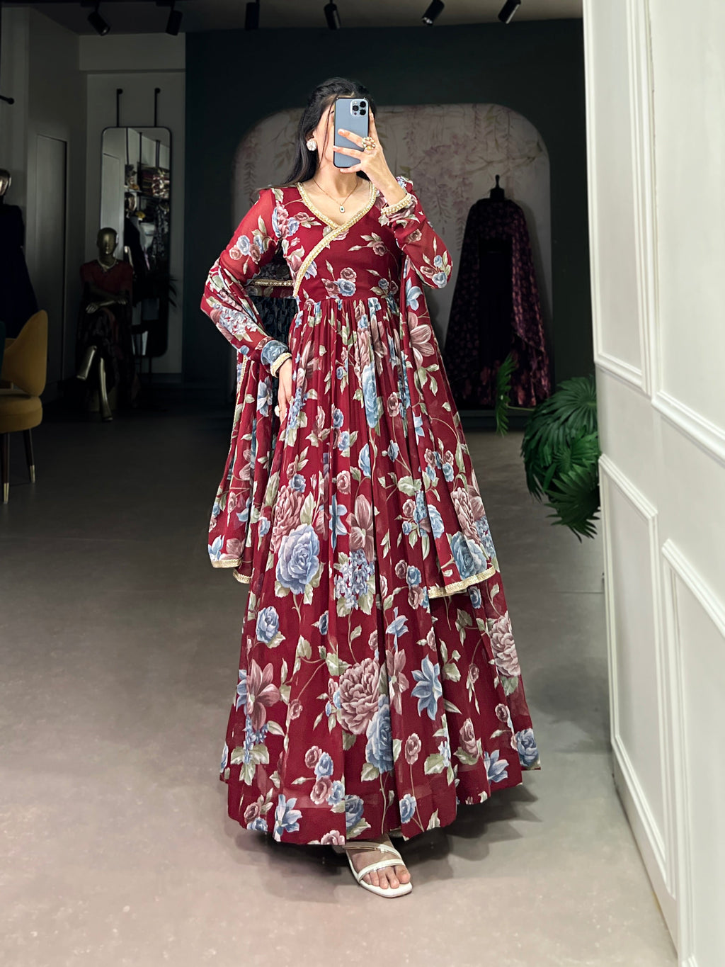 Lorenvalley Maroon Marbel Fabric Floral Print With Lace Touch Up Gown with Dupatta | Grocsy