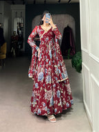 Lorenvalley Maroon Marbel Fabric Floral Print With Lace Touch Up Gown with Dupatta | Grocsy