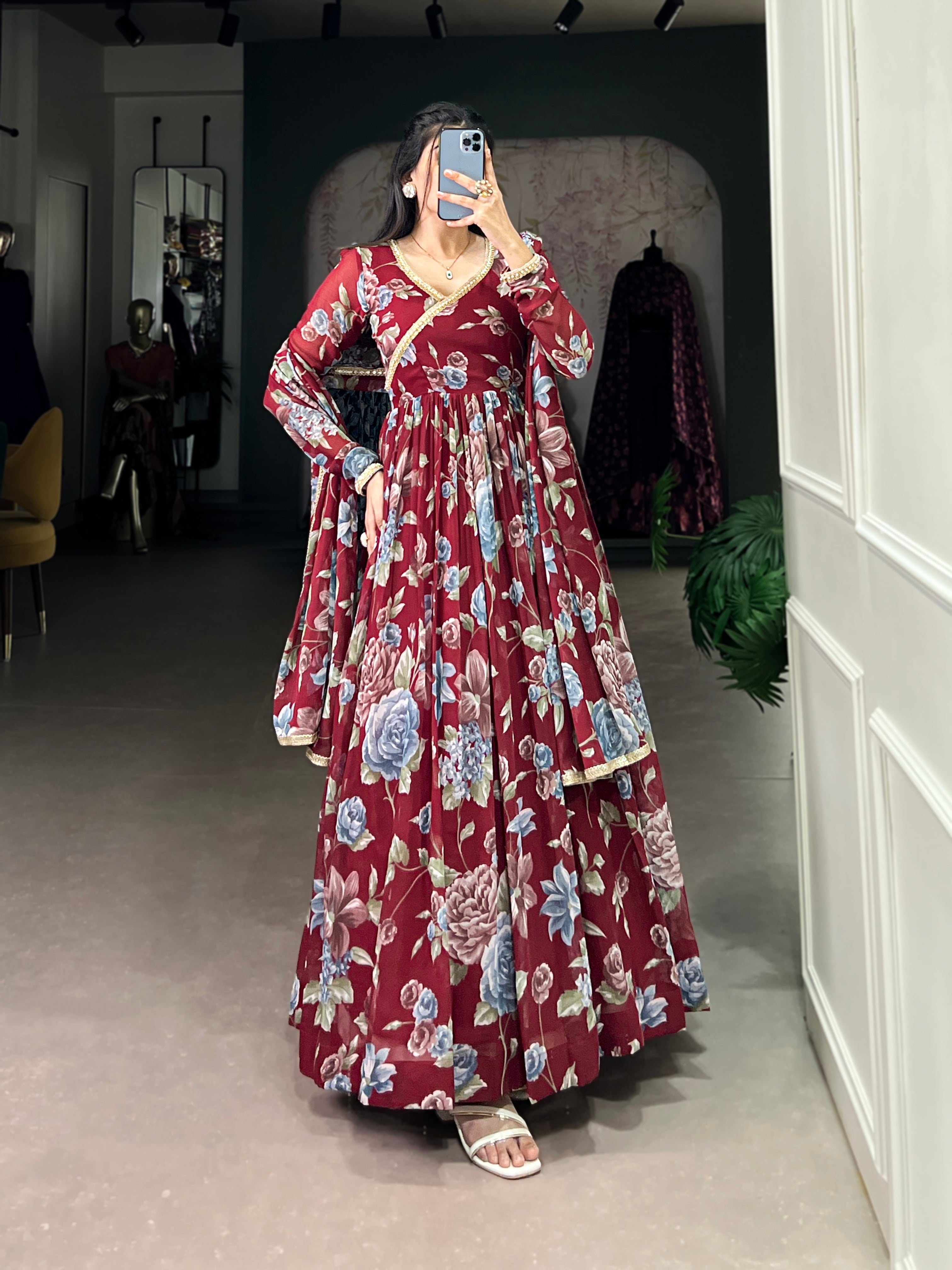 Lorenvalley Maroon Marbel Fabric Floral Print With Lace Touch Up Gown with Dupatta | Grocsy