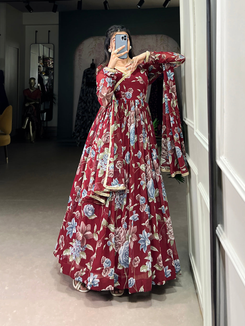 Lorenvalley Maroon Marbel Fabric Floral Print With Lace Touch Up Gown with Dupatta | Grocsy
