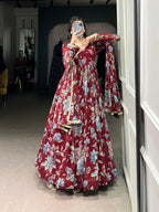 Lorenvalley Maroon Marbel Fabric Floral Print With Lace Touch Up Gown with Dupatta | Grocsy