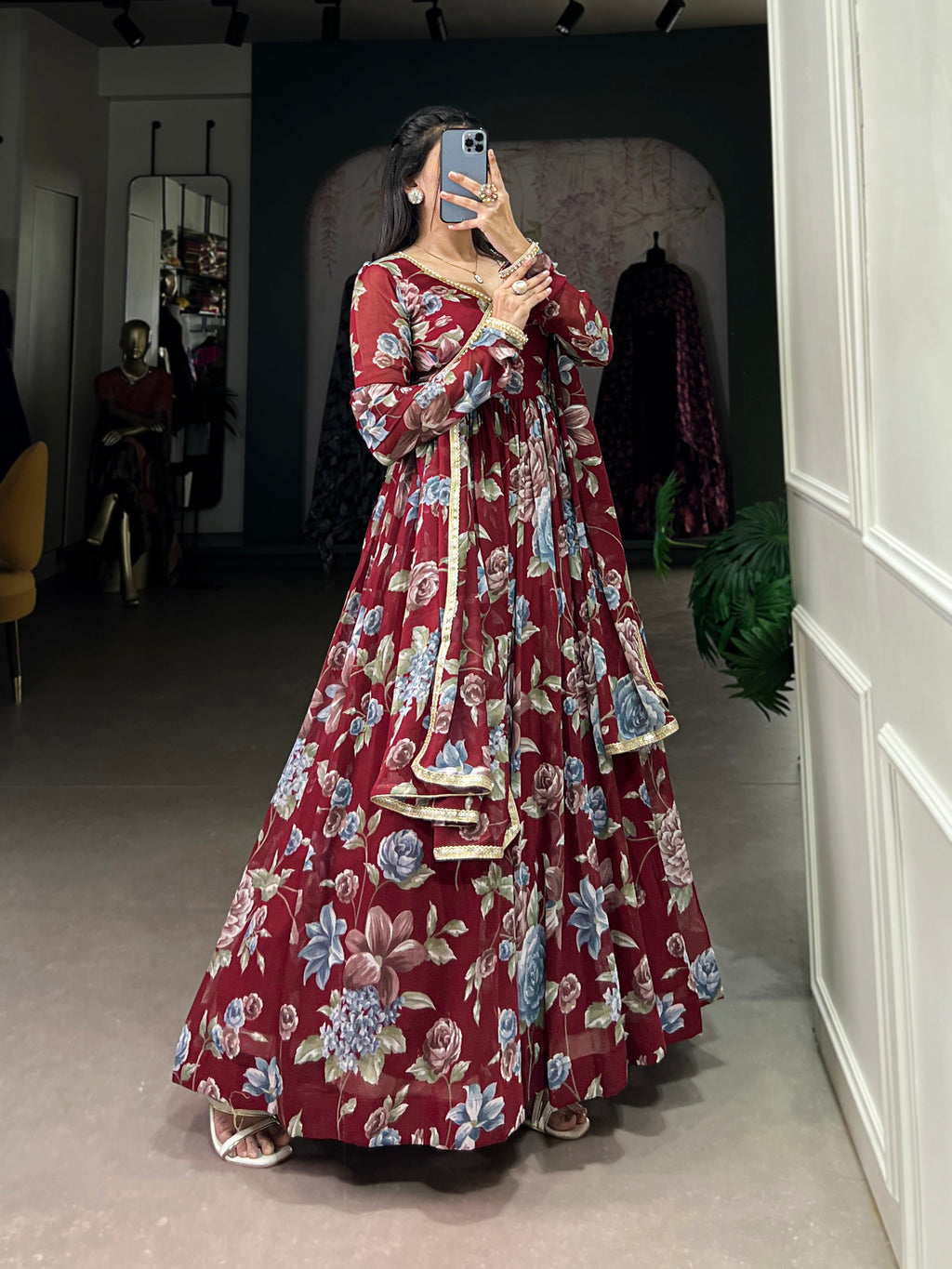 Lorenvalley Maroon Marbel Fabric Floral Print With Lace Touch Up Gown with Dupatta | Grocsy