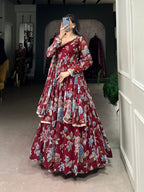 Lorenvalley Maroon Marbel Fabric Floral Print With Lace Touch Up Gown with Dupatta | Grocsy