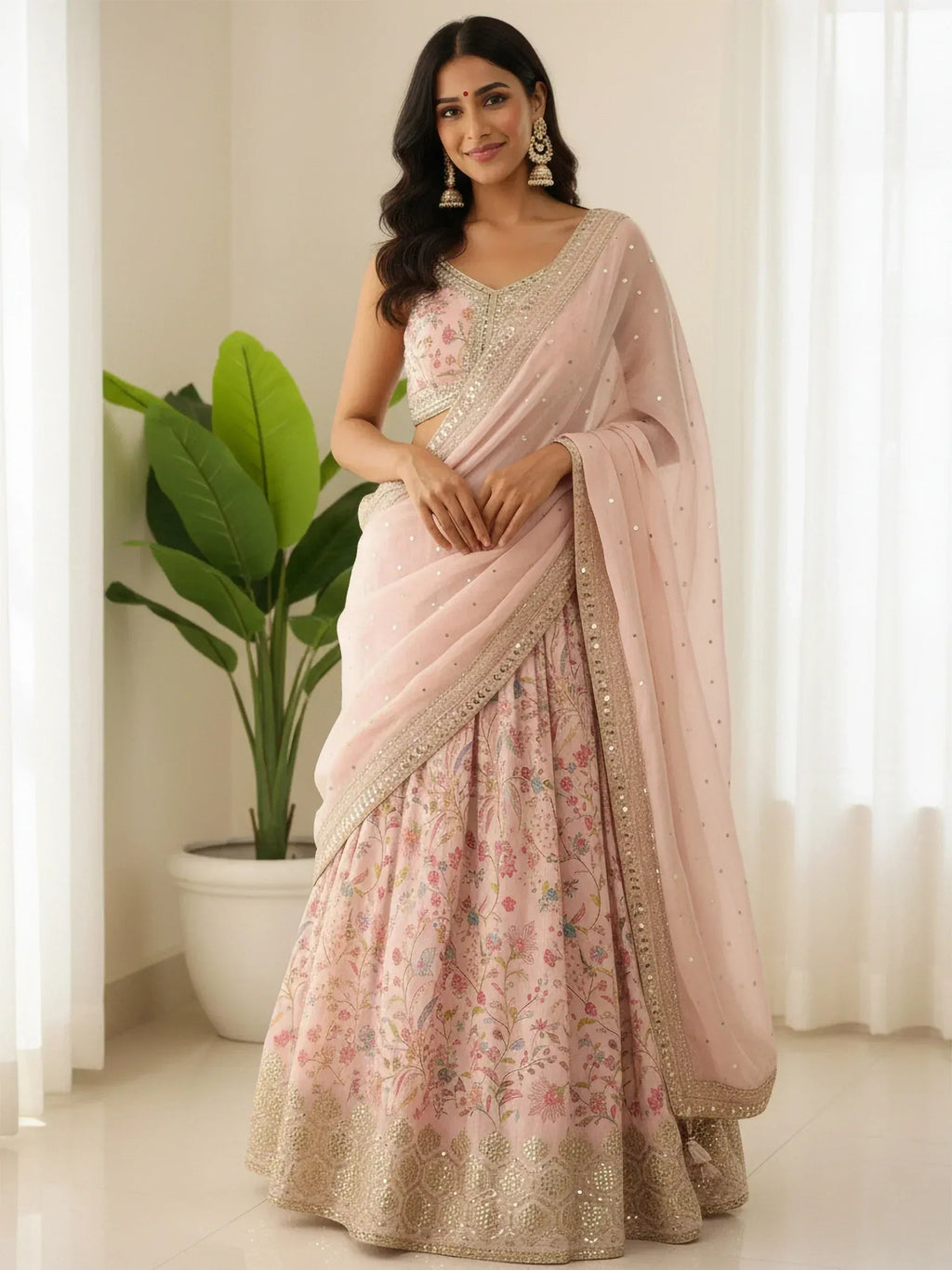 Tulsi Art Stunning Peach Digital Printed Organza Festival Wear Lehenga Choli With Dupatta | Grocsy