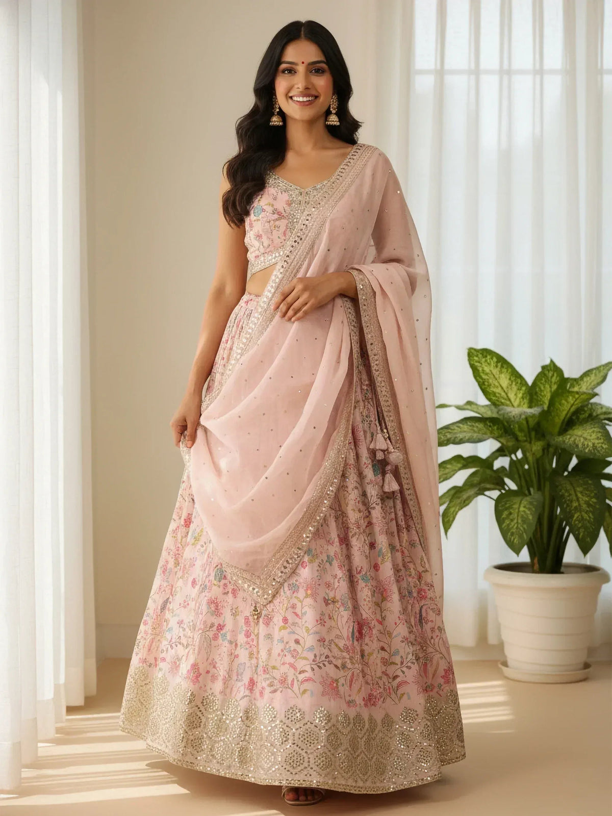 Tulsi Art Stunning Peach Digital Printed Organza Festival Wear Lehenga Choli With Dupatta | Grocsy