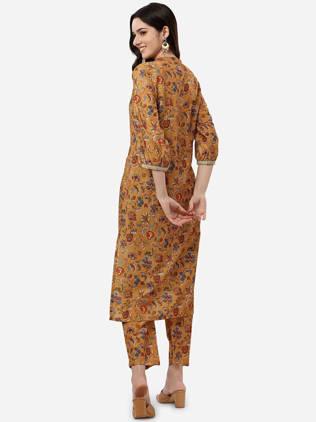 HERE&NOW Women Mustard Yellow Floral Printed Kurti with Trousers | Grocsy