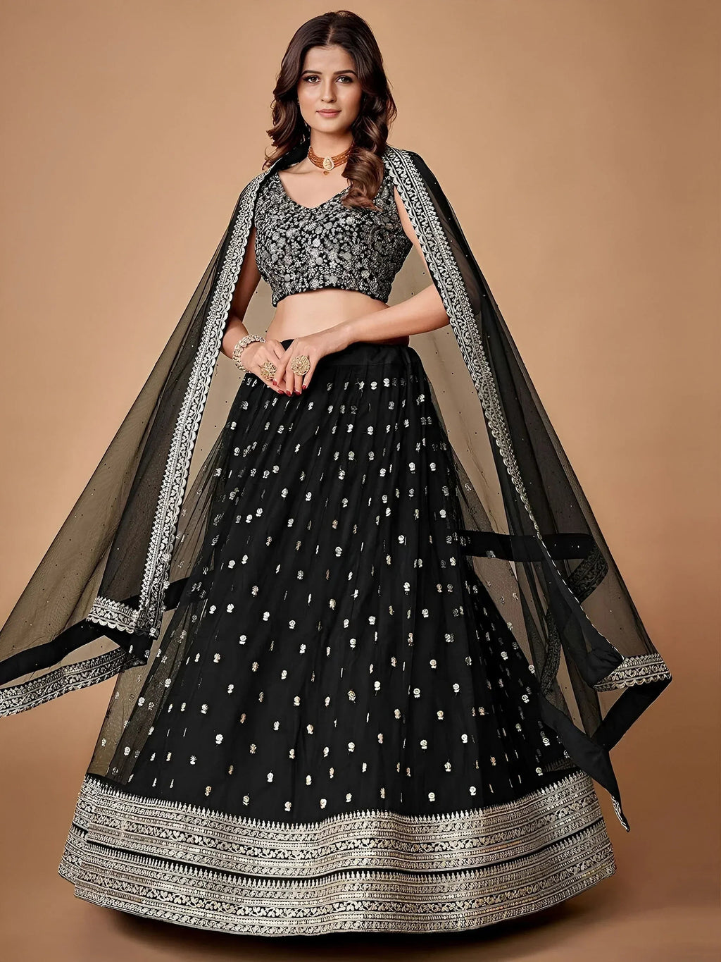 Tulsi Art Glorious Black Sequins Embroidered Net Party Wear Lehenga Choli | Grocsy