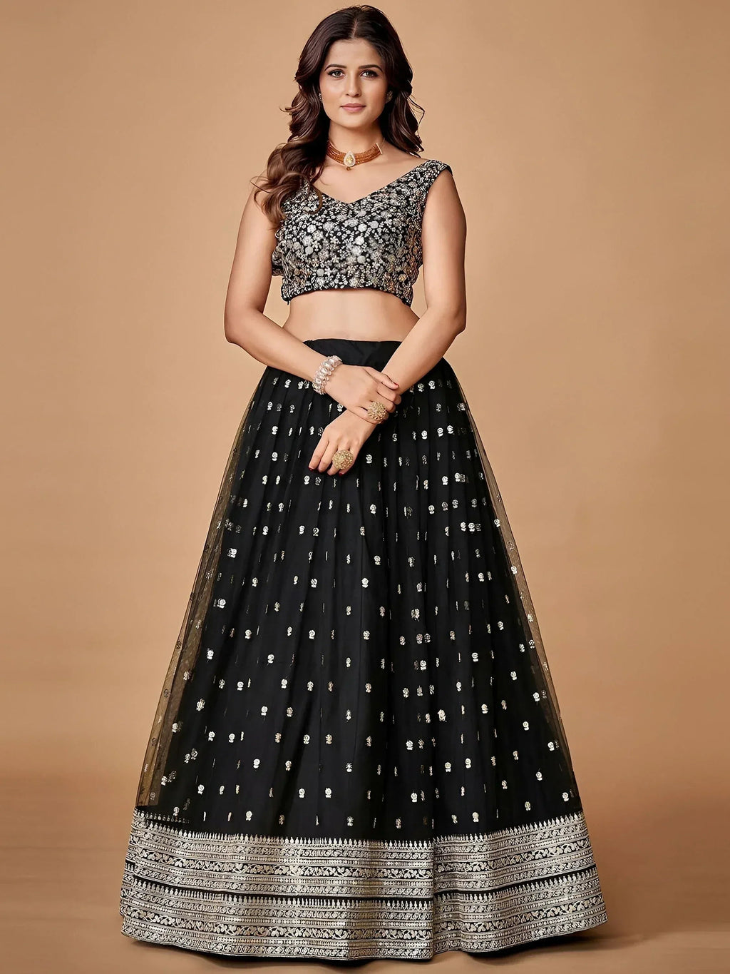 Tulsi Art Glorious Black Sequins Embroidered Net Party Wear Lehenga Choli | Grocsy