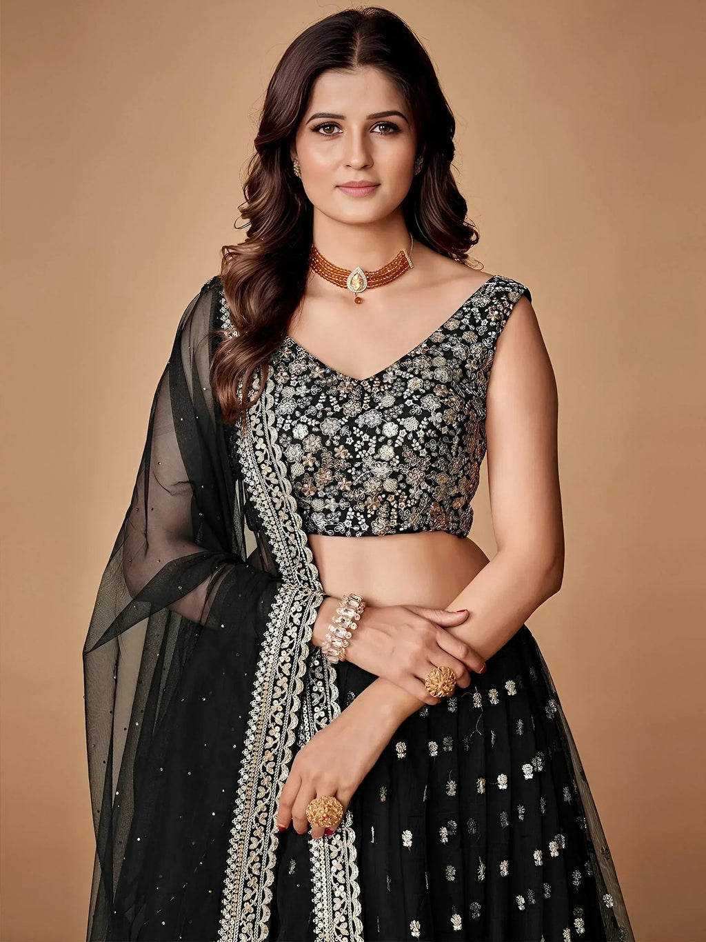 Tulsi Art Glorious Black Sequins Embroidered Net Party Wear Lehenga Choli | Grocsy