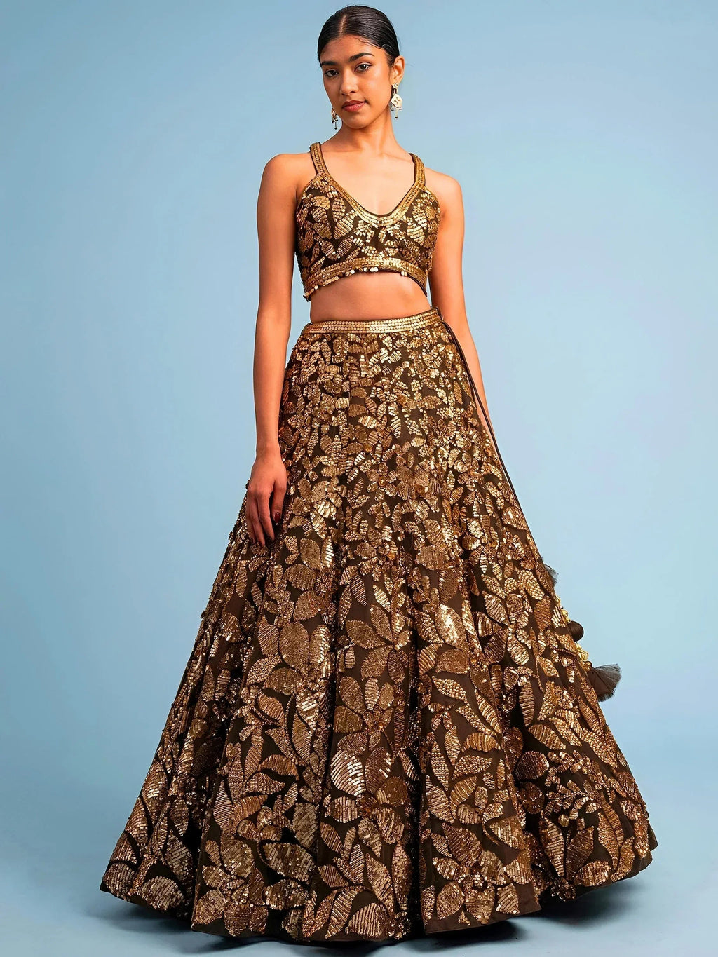 Tulsi Art Super Brown Sequins Net Reception Wear Lehenga Choli With Dupatta | Grocsy