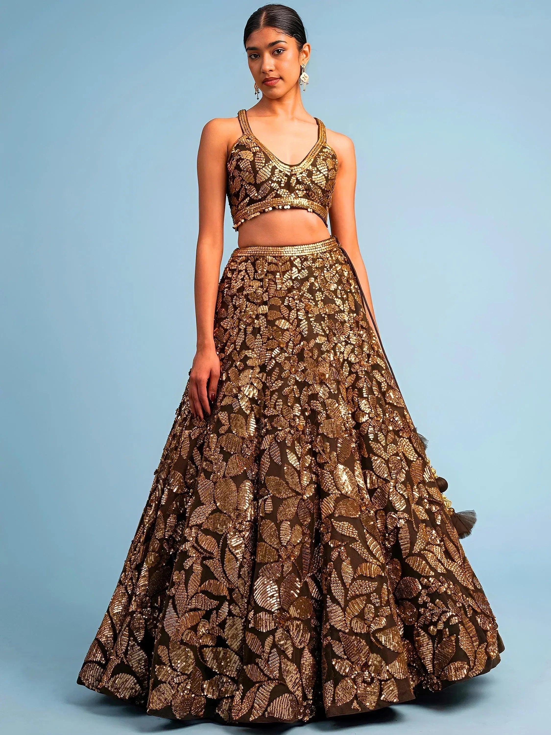 Tulsi Art Super Brown Sequins Net Reception Wear Lehenga Choli With Dupatta | Grocsy