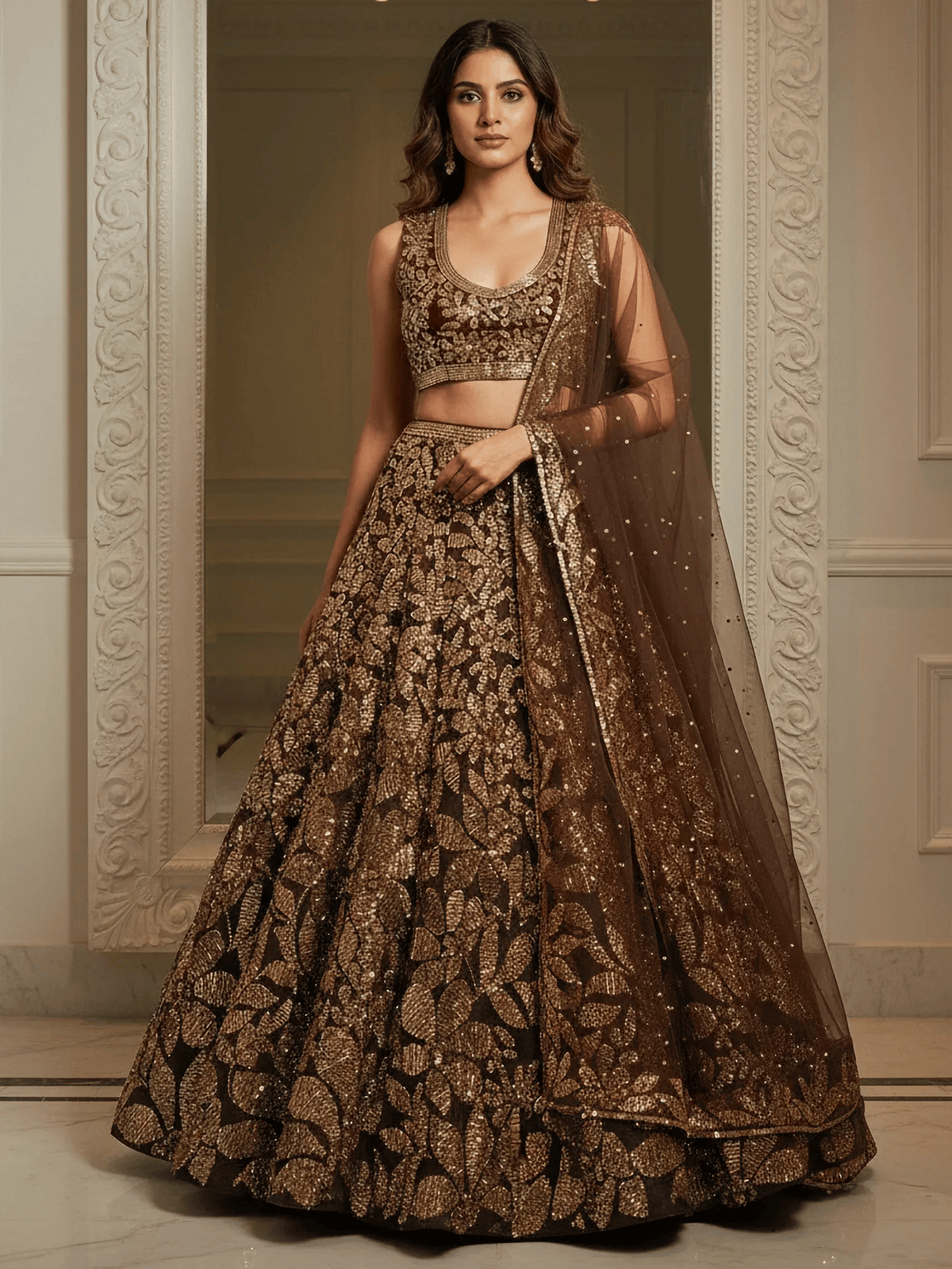 Tulsi Art Elegant Brown Fully Sequins Net Reception Wear Lehenga Choli | Grocsy