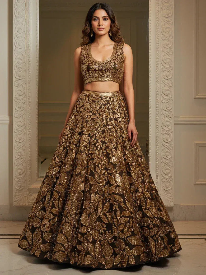 Tulsi Art Elegant Brown Fully Sequins Net Reception Wear Lehenga Choli | Grocsy