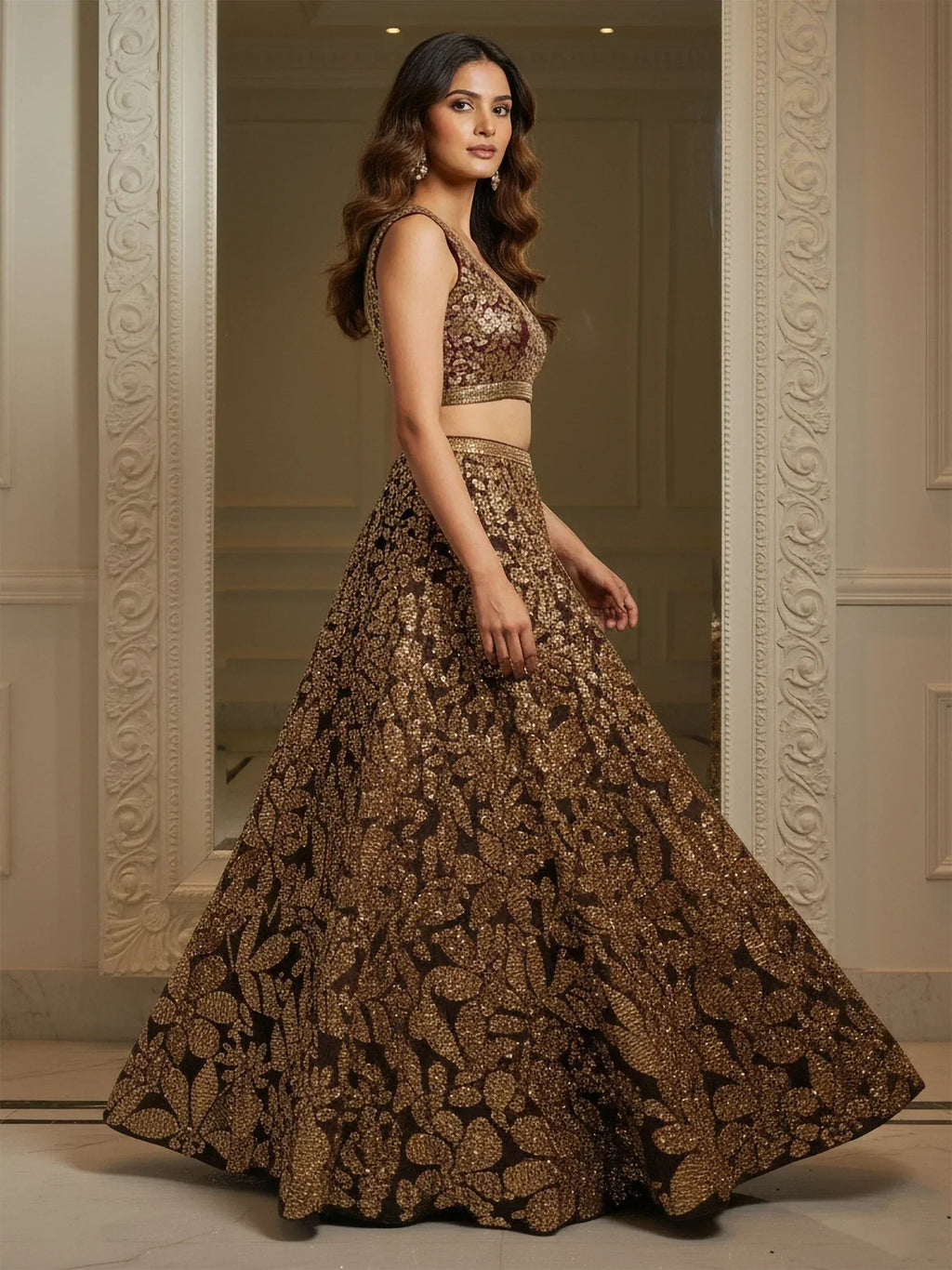Tulsi Art Elegant Brown Fully Sequins Net Reception Wear Lehenga Choli | Grocsy
