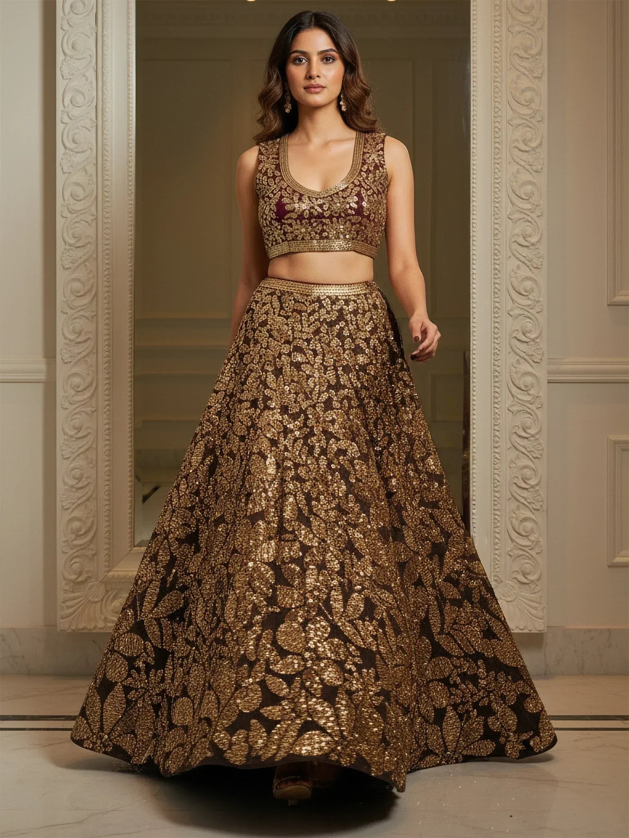 Tulsi Art Elegant Brown Fully Sequins Net Reception Wear Lehenga Choli | Grocsy