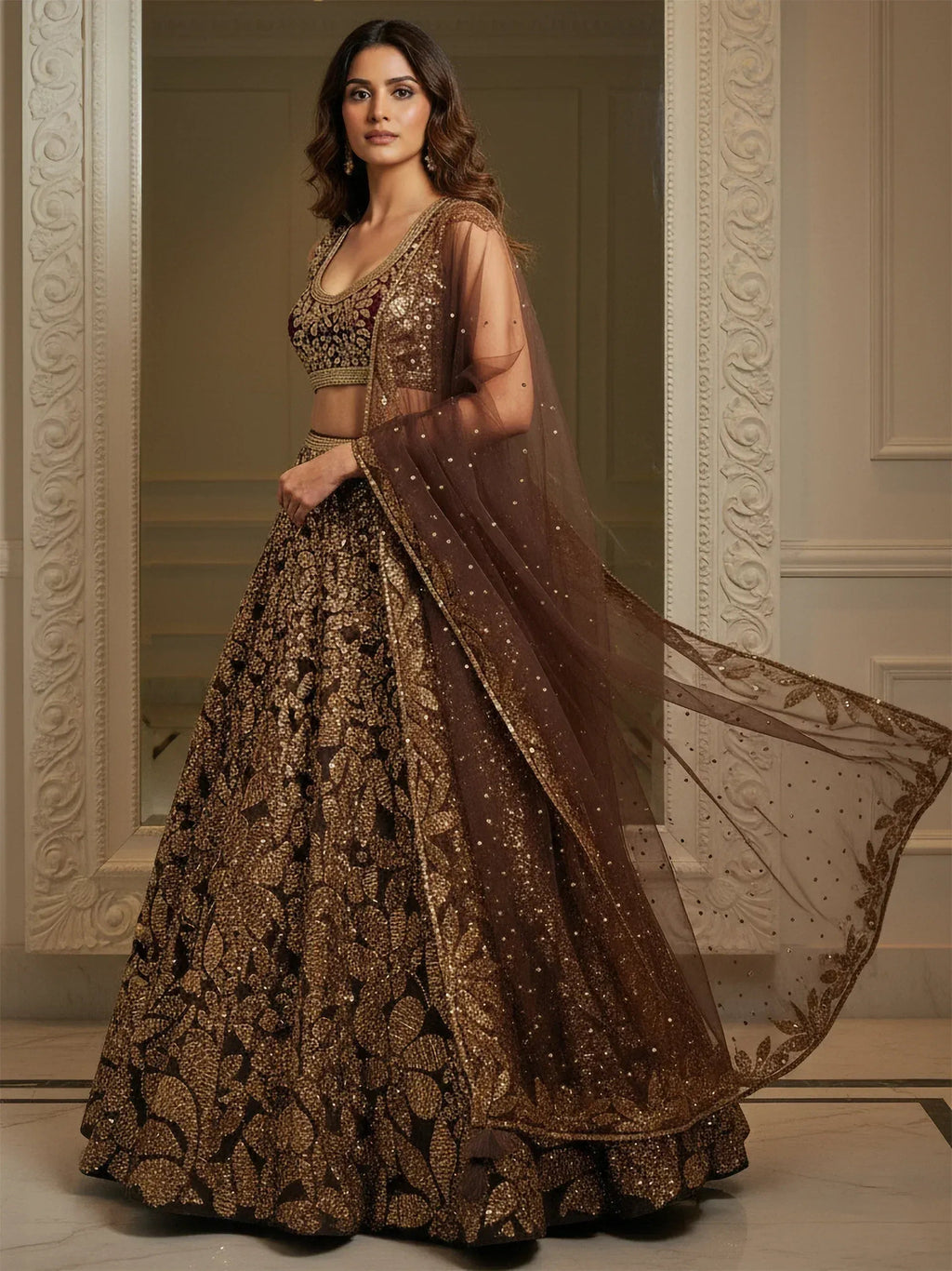 Tulsi Art Elegant Brown Fully Sequins Net Reception Wear Lehenga Choli | Grocsy