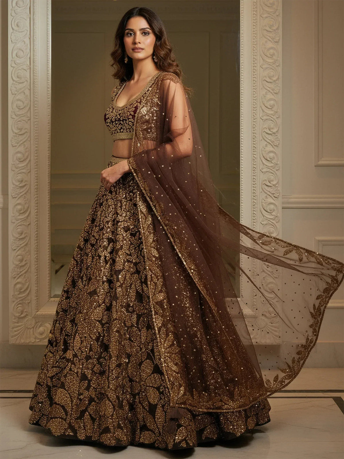 Tulsi Art Elegant Brown Fully Sequins Net Reception Wear Lehenga Choli | Grocsy