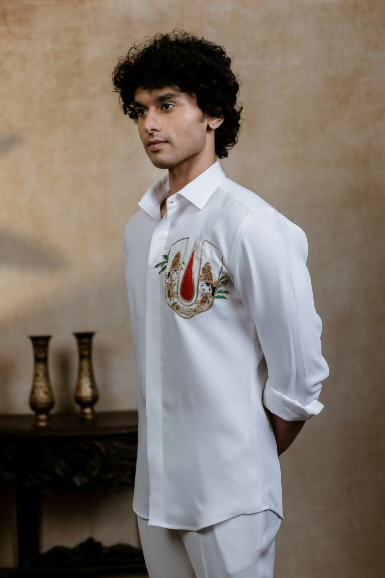British White Sri Vari Sutra Shirt By Hilo Design | Grocsy