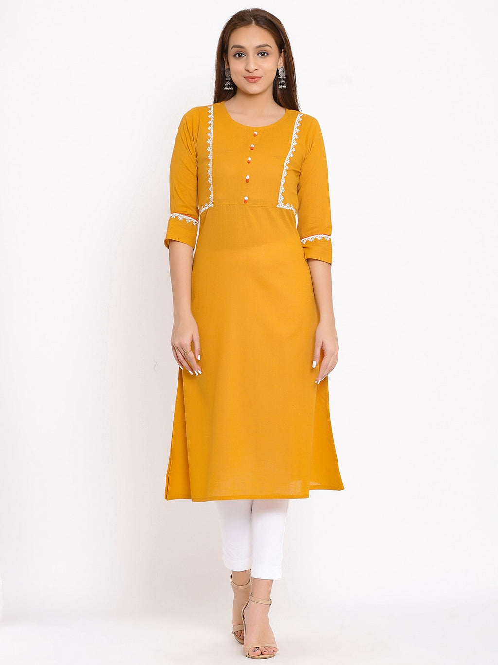 HERE&NOW Mustard Yellow & White Ethnic Motifs Embroidered Straight Kurta | Grocsy