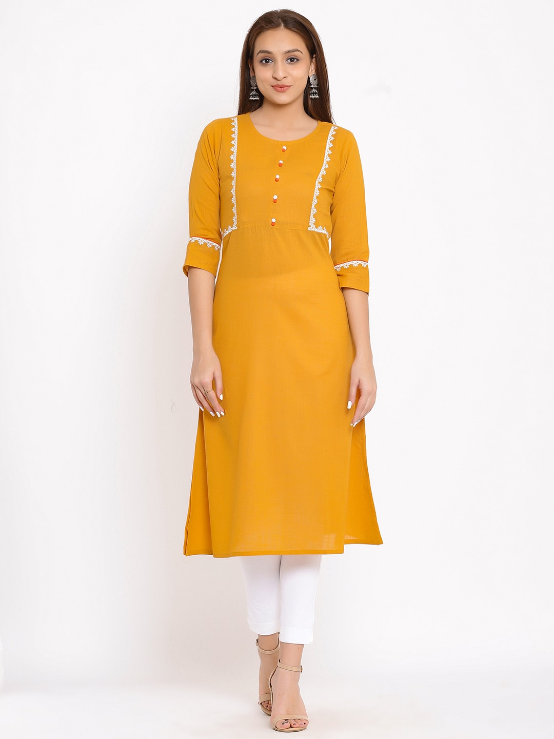 HERE&NOW Mustard Yellow & White Ethnic Motifs Embroidered Straight Kurta | Grocsy