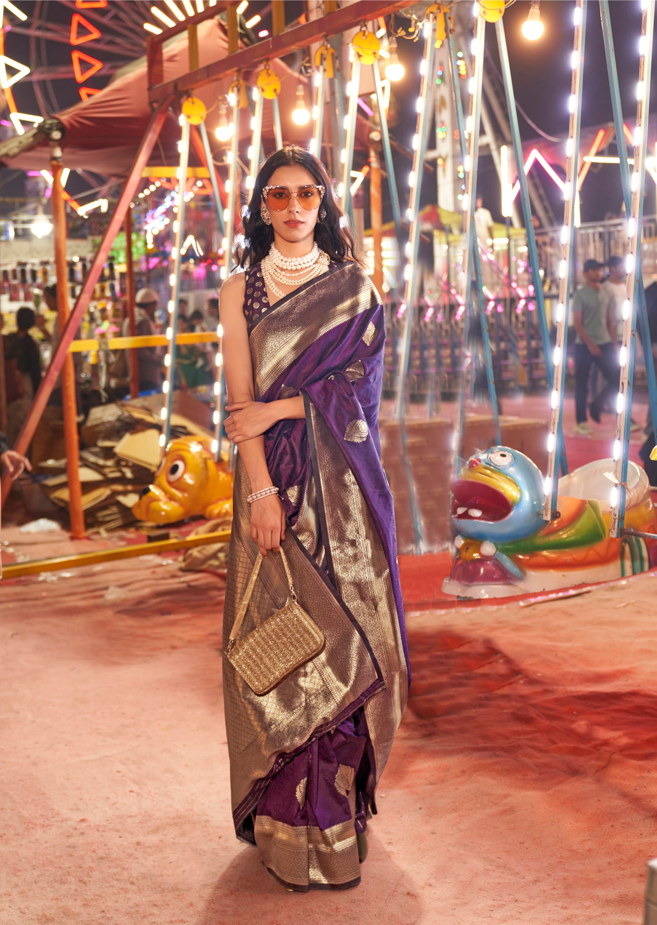 Monjolika Fashion Dark Violet Colour Handloom Silk Blend Zari Woven Saree With Blouse | Grocsy