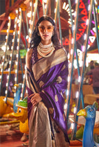 Monjolika Fashion Dark Violet Colour Handloom Silk Blend Zari Woven Saree With Blouse | Grocsy