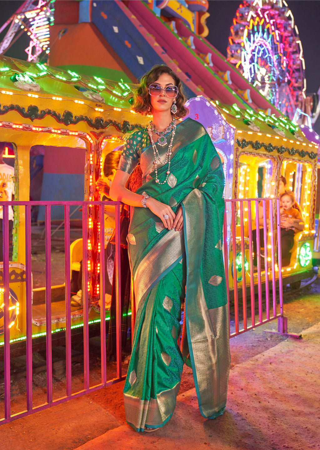 Monjolika Fashion Green Colour Handloom Silk Blend Zari Woven Saree With Blouse | Grocsy
