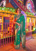 Monjolika Fashion Green Colour Handloom Silk Blend Zari Woven Saree With Blouse | Grocsy