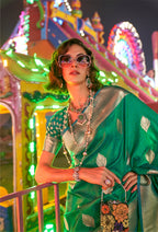 Monjolika Fashion Green Colour Handloom Silk Blend Zari Woven Saree With Blouse | Grocsy