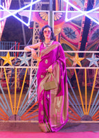 Monjolika Fashion Purple Colour Handloom Silk Blend Zari Woven Saree With Blouse | Grocsy
