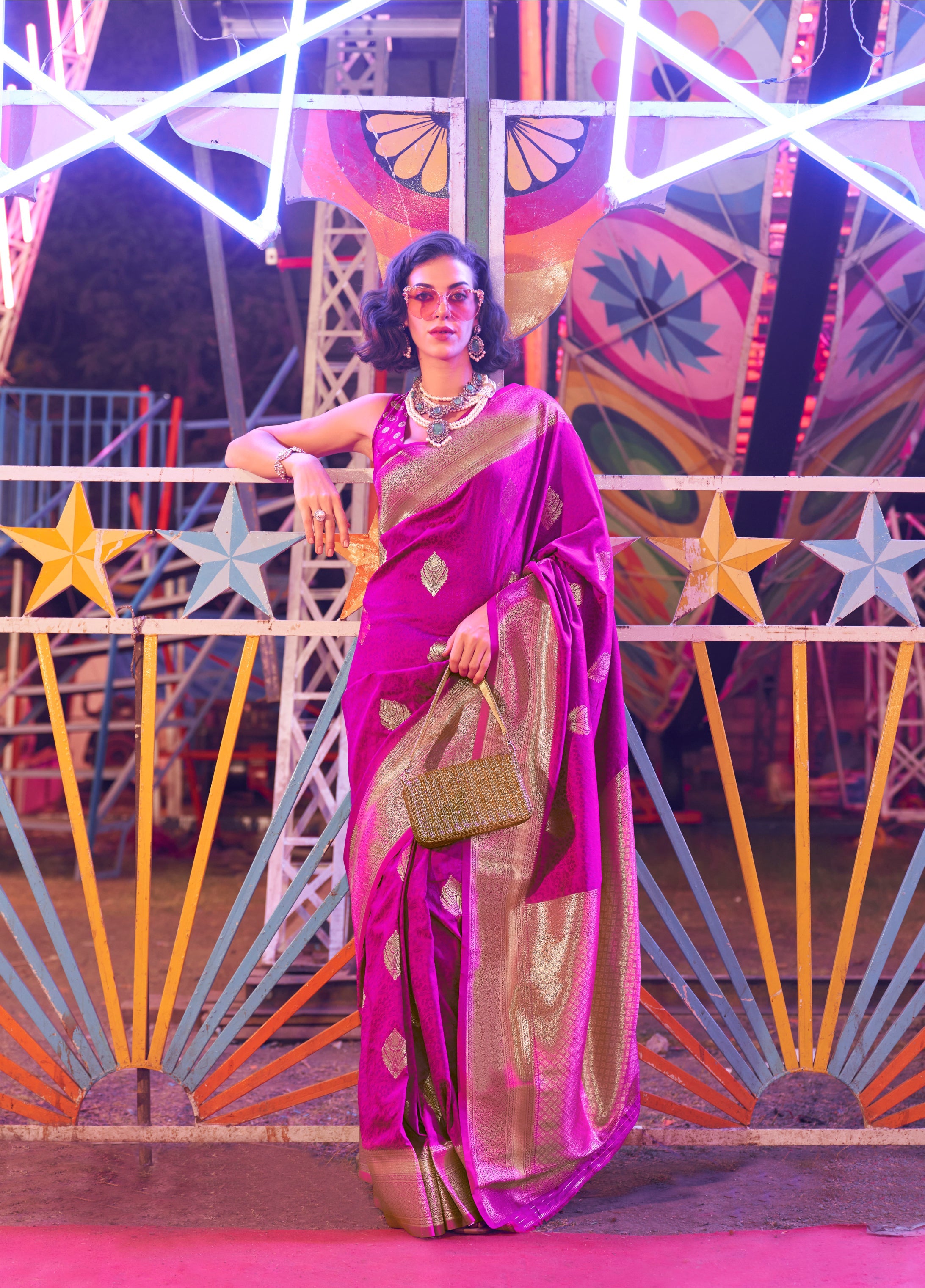Monjolika Fashion Purple Colour Handloom Silk Blend Zari Woven Saree With Blouse | Grocsy