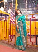 Monjolika Fashion Teal Colour Handloom Silk Blend Zari Woven Saree With Blouse | Grocsy