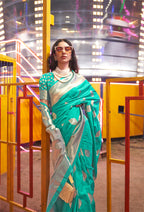 Monjolika Fashion Teal Colour Handloom Silk Blend Zari Woven Saree With Blouse | Grocsy