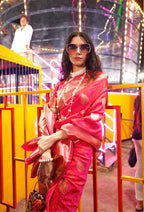 Monjolika Fashion Pink Colour Handloom Silk Blend Zari Woven Saree With Blouse | Grocsy