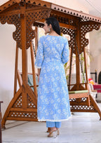 Juniper Women's Sky Blue Cotton Printed Straight Kurta Pant Dupatta Set | Grocsy
