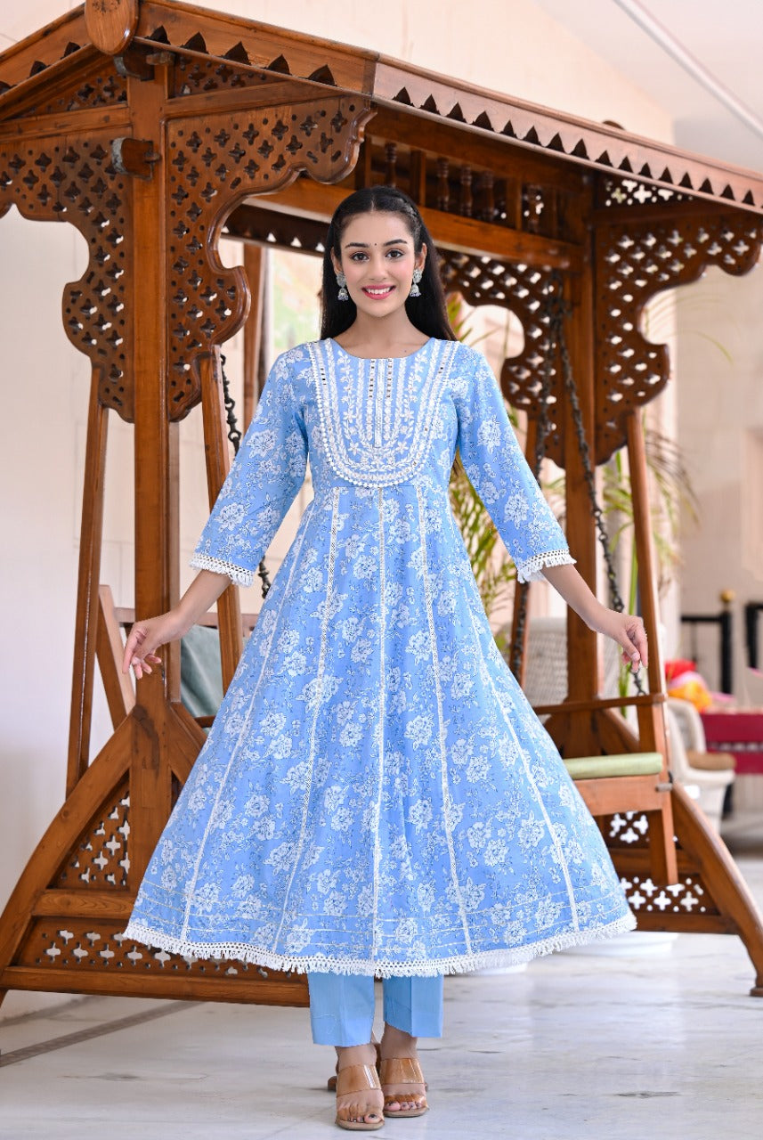 Juniper Women's Sky Blue Cotton Printed Straight Kurta Pant Dupatta Set | Grocsy