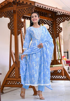 Juniper Women's Sky Blue Cotton Printed Straight Kurta Pant Dupatta Set | Grocsy