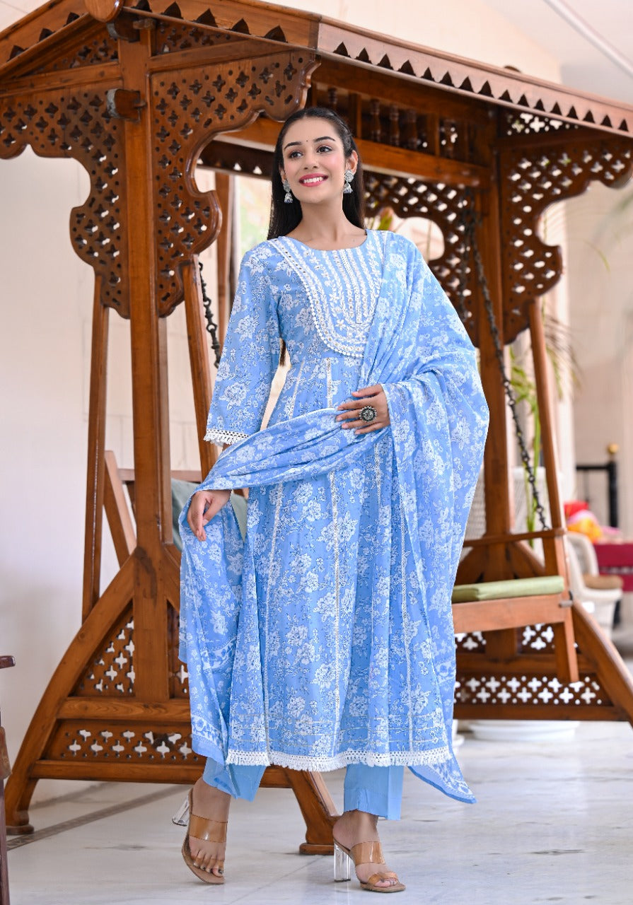 Juniper Women's Sky Blue Cotton Printed Straight Kurta Pant Dupatta Set | Grocsy