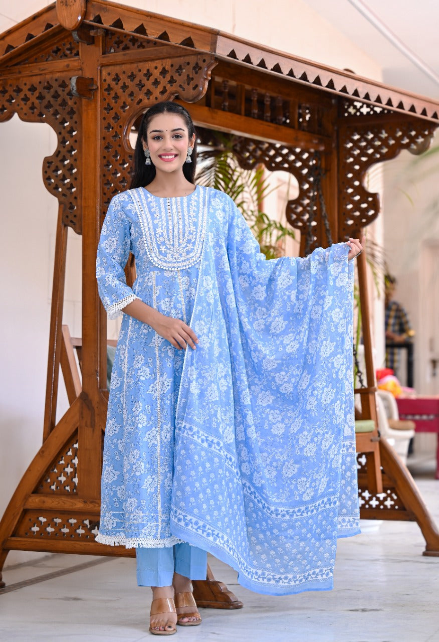 Juniper Women's Sky Blue Cotton Printed Straight Kurta Pant Dupatta Set | Grocsy