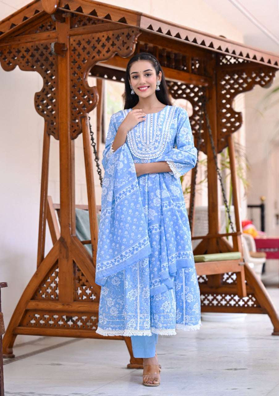 Juniper Women's Sky Blue Cotton Printed Straight Kurta Pant Dupatta Set | Grocsy