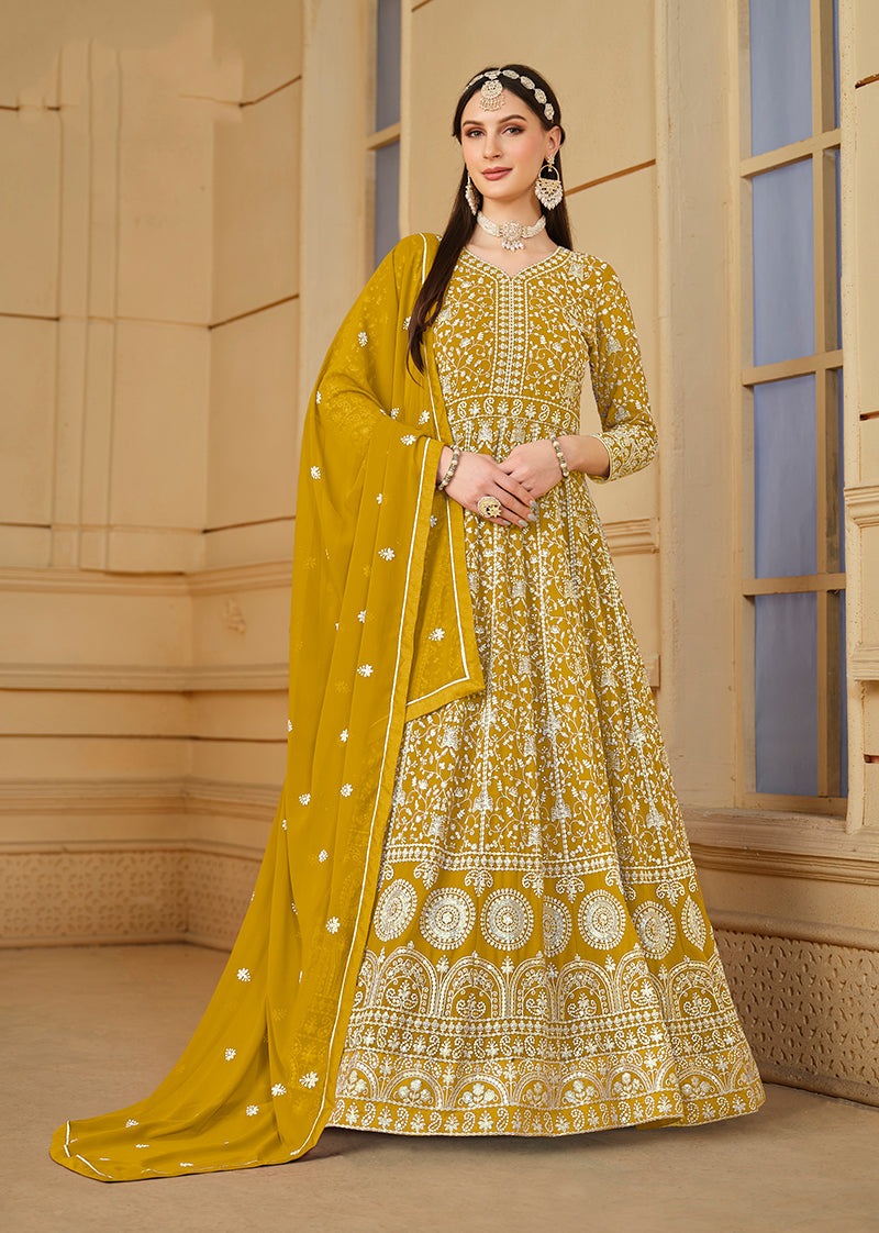 Monjolika Fashion Faux Georgette Mustard Anarkali Salwar Kameez | Grocsy
