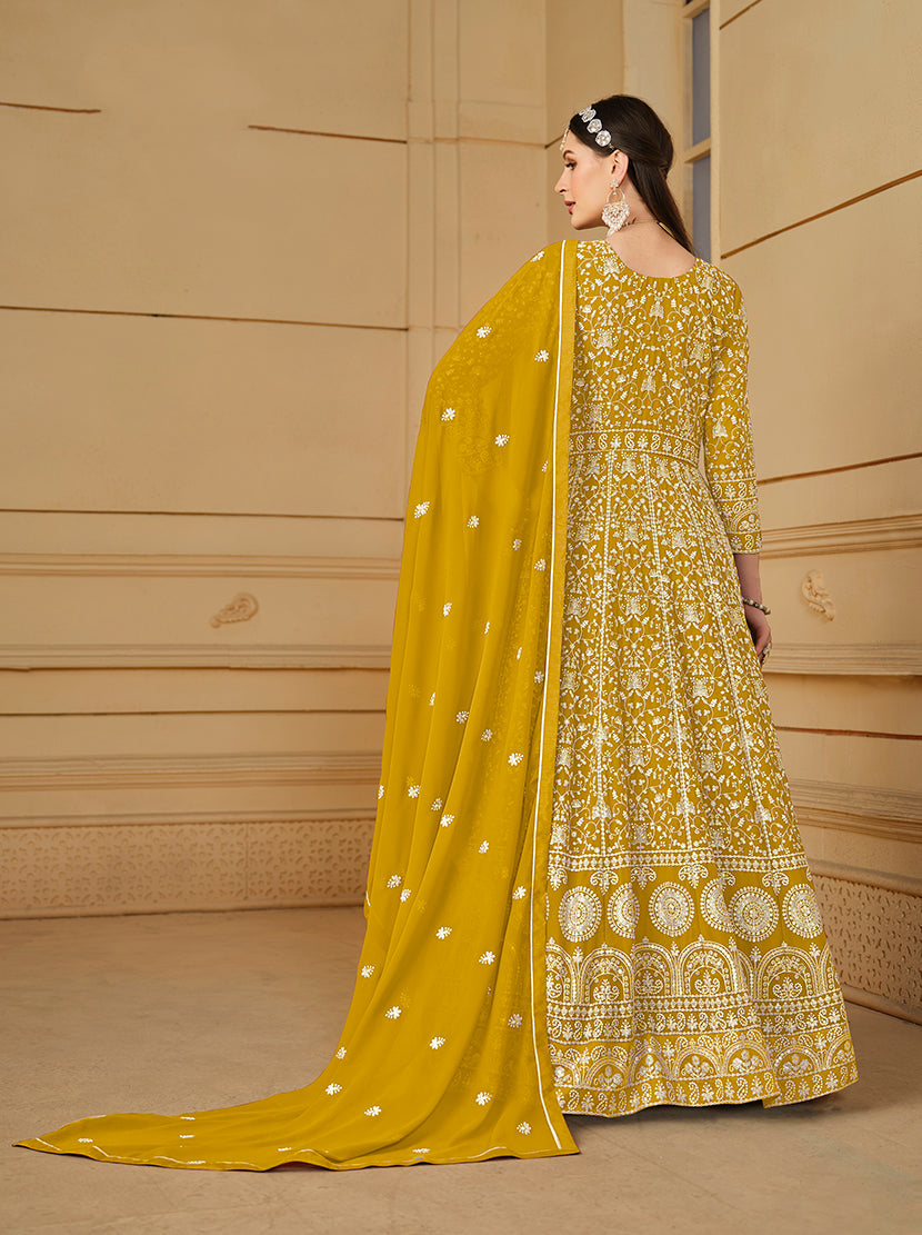 Monjolika Fashion Faux Georgette Mustard Anarkali Salwar Kameez | Grocsy