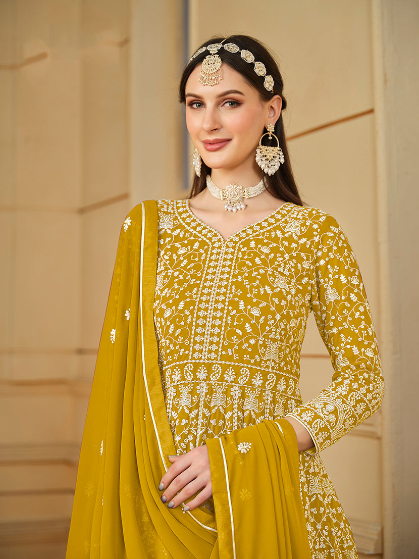 Monjolika Fashion Faux Georgette Mustard Anarkali Salwar Kameez | Grocsy