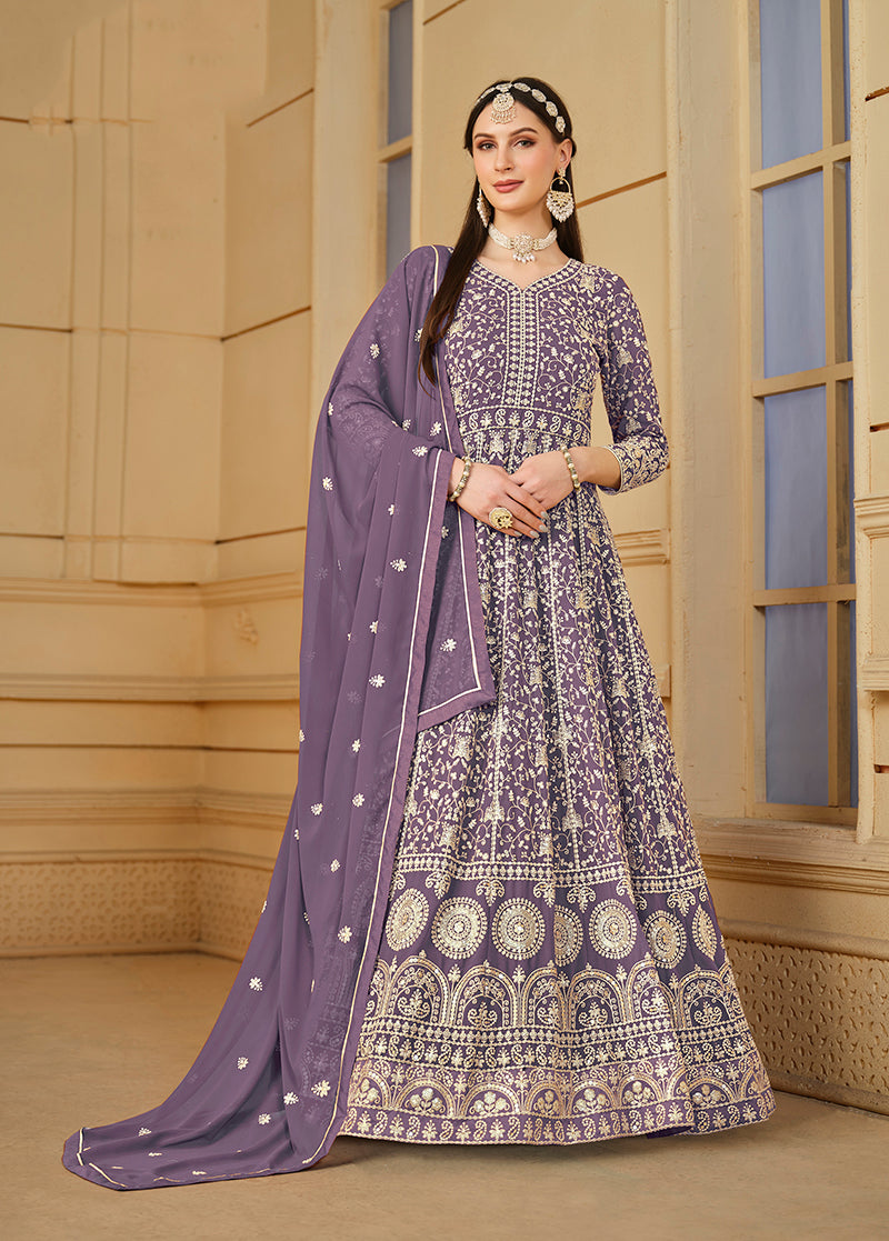 Monjolika Fashion Faux Georgette Lavender Anarkali Salwar Kameez | Grocsy