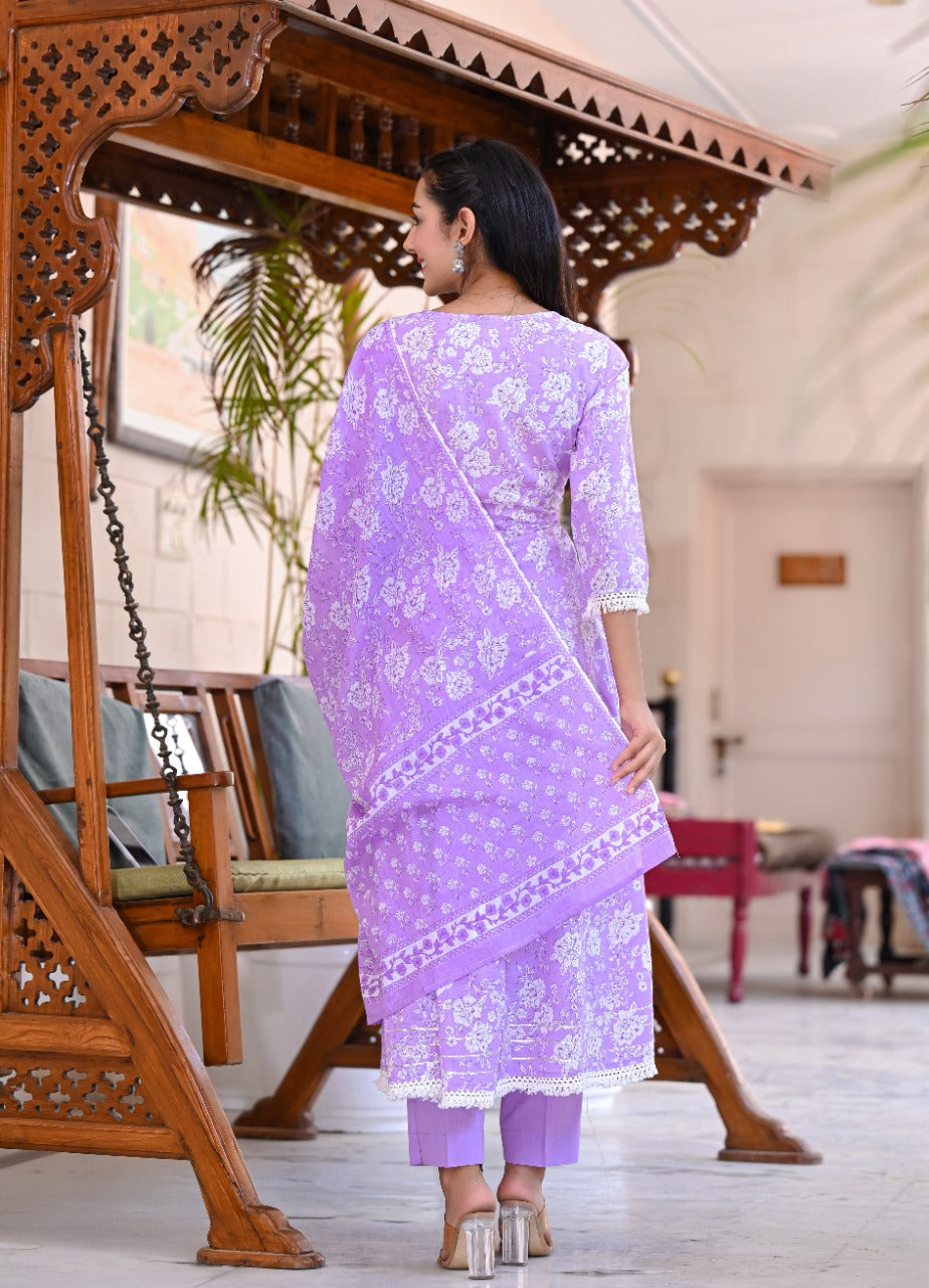 Juniper Women's Purple Cotton Printed Straight Kurta Pant Dupatta Set | Grocsy