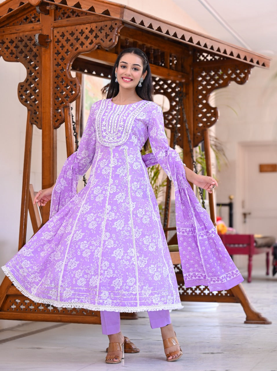 Juniper Women's Purple Cotton Printed Straight Kurta Pant Dupatta Set | Grocsy