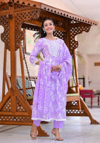Juniper Women's Purple Cotton Printed Straight Kurta Pant Dupatta Set | Grocsy