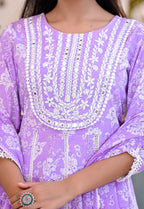 Juniper Women's Purple Cotton Printed Straight Kurta Pant Dupatta Set | Grocsy