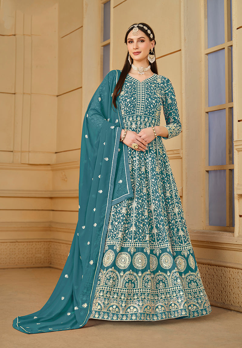 Monjolika Fashion Faux Georgette Teal Anarkali Salwar Kameez | Grocsy